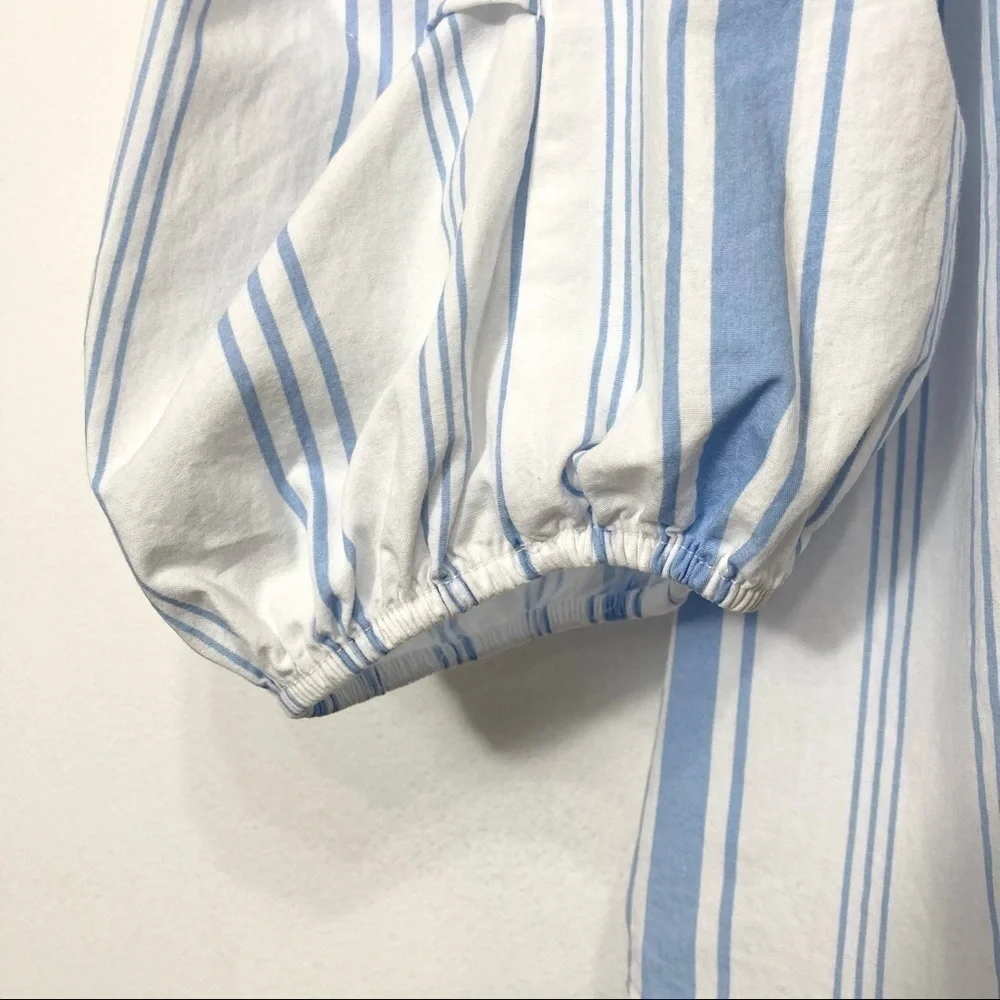 Zara V-Neck Striped Balloon Sleeve High Low Blouse Size M - Picture 8 of 15